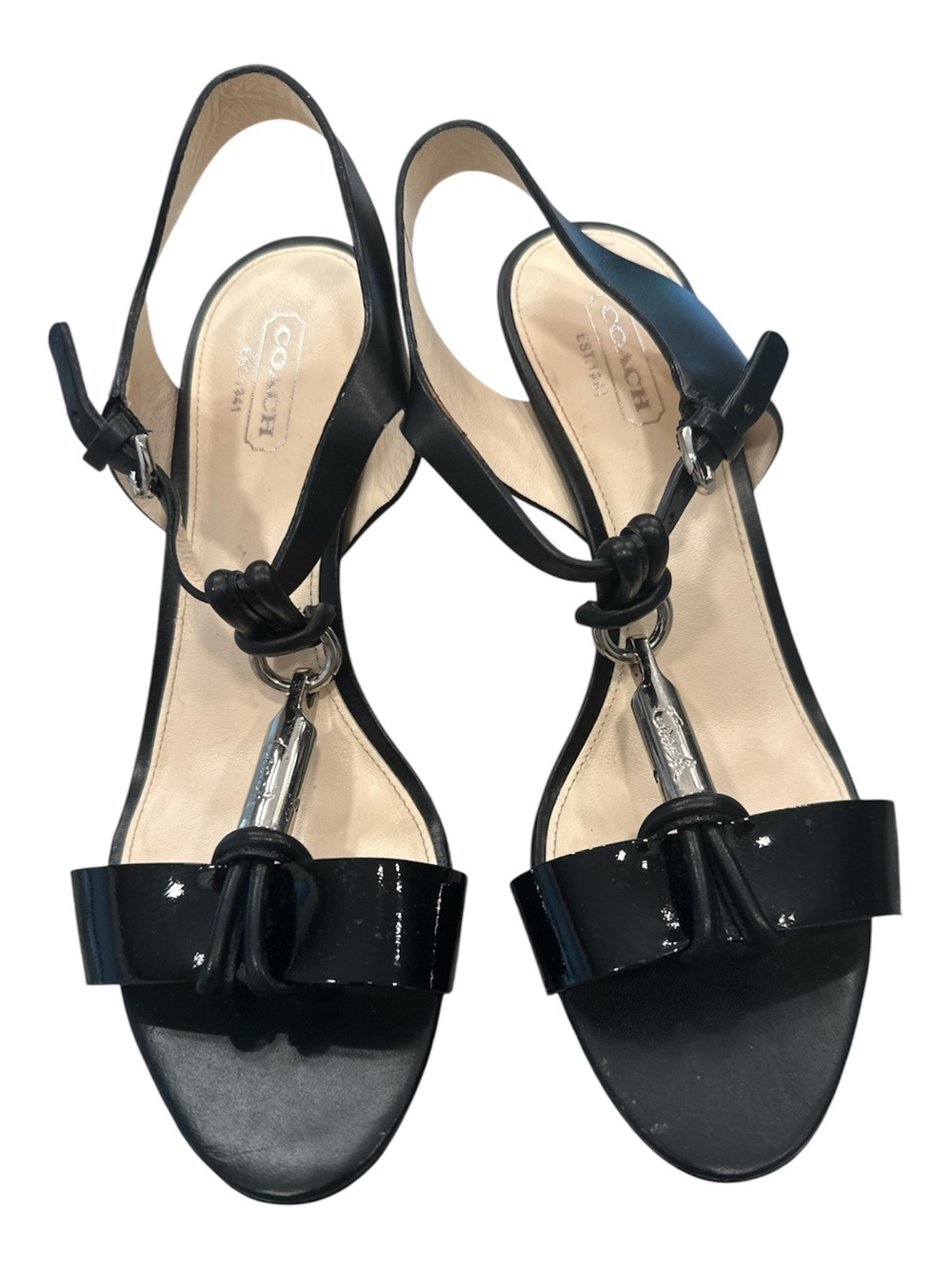 Coach Black Patent Leather Knot Slingback Sandals with Silver Accent
